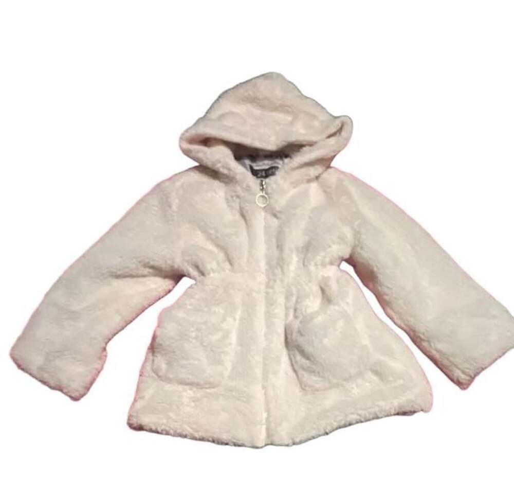 Shein Fuzzy Hooded Jacket Size 130 White Sherpa Coat with Newspaper Print Lining